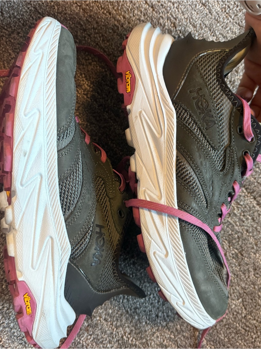 HOKA Women's Olive Gray and Pink Trail Running Shoes